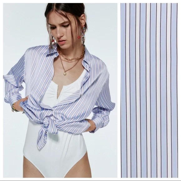 NWT. Zara Blue/White Stiped Satin Effect Blouse/Shirt. Size S. - Picture 3 of 11